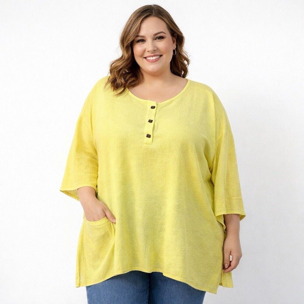 Calessa Shirt Womens 1X Yellow Textured Tunic Top 3/4 Sleeve Henley Plus